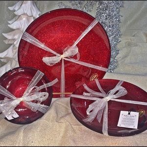 12pc AKCAM Christmas Red Sparkle Glass Turkish Dinner Salad Plate & bowl Set NEW